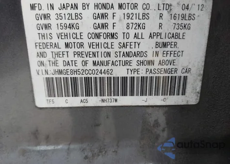 2012 Honda Fit Sport из США, поврежденный, VIN JHMGE8H52CC024462